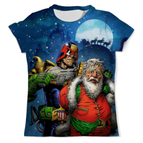 full_print_tee с принтом Judge Dredd Vs Father Xmas в Архангельске, Футболка с нанесением полноцветного изображения по всей поверхности может быть выполнена в двух вариантах - ХЛОПОК и СИНТЕТИКА. | Хлопок - ткань из 100% хлопка высшего качества пенье.  <br>Синтетика - ткань с высоким содержанием синтетического волокна (до 80%).  Материал хорошо тянется, имеет приятную на ощупь фактуру | 