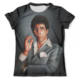 full_print_tee с принтом Tony Montana - Scarface в Архангельске, Футболка с нанесением полноцветного изображения по всей поверхности может быть выполнена в двух вариантах - ХЛОПОК и СИНТЕТИКА. | Хлопок - ткань из 100% хлопка высшего качества пенье.  <br>Синтетика - ткань с высоким содержанием синтетического волокна (до 80%).  Материал хорошо тянется, имеет приятную на ощупь фактуру | 