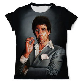 full_print_tee с принтом Tony Montana - Scarface в Архангельске, Футболка с нанесением полноцветного изображения по всей поверхности может быть выполнена в двух вариантах - ХЛОПОК и СИНТЕТИКА. | Хлопок - ткань из 100% хлопка высшего качества пенье.  <br>Синтетика - ткань с высоким содержанием синтетического волокна (до 80%).  Материал хорошо тянется, имеет приятную на ощупь фактуру | Тематика изображения на принте: 