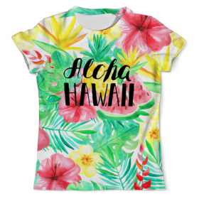 full_print_tee с принтом Aloha Hawaii в Архангельске, Футболка с нанесением полноцветного изображения по всей поверхности может быть выполнена в двух вариантах - ХЛОПОК и СИНТЕТИКА. | Хлопок - ткань из 100% хлопка высшего качества пенье.  <br>Синтетика - ткань с высоким содержанием синтетического волокна (до 80%).  Материал хорошо тянется, имеет приятную на ощупь фактуру | Тематика изображения на принте: 