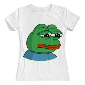 full_print_woman_tee с принтом Pepe the frog в Архангельске, Футболка с нанесением полноцветного изображения по всей поверхности может быть выполнена в двух вариантах - ХЛОПОК и СИНТЕТИКА. | Хлопок - ткань из 100% хлопка высшего качества пенье.  <br>Синтетика - ткань с высоким содержанием синтетического волокна (до 80%).  Материал хорошо тянется, имеет приятную на ощупь фактуру | 