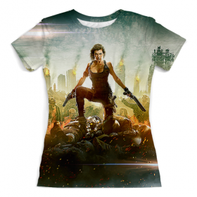 full_print_woman_tee с принтом Resident Evil в Архангельске, Футболка с нанесением полноцветного изображения по всей поверхности может быть выполнена в двух вариантах - ХЛОПОК и СИНТЕТИКА. | Хлопок - ткань из 100% хлопка высшего качества пенье.  <br>Синтетика - ткань с высоким содержанием синтетического волокна (до 80%).  Материал хорошо тянется, имеет приятную на ощупь фактуру | 