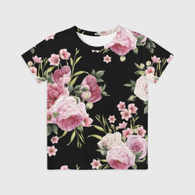 Детская футболка 3D с принтом Пионы на Чёрном в Архангельске, 100% гипоаллергенный полиэфир | прямой крой, круглый вырез горловины, длина до линии бедер, чуть спущенное плечо, ткань немного тянется | букет | бутон | весна | красивый | лето | листья | пион | прекрасный | роза | розочка | цветок | цветы