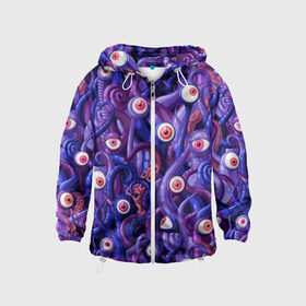 Детская ветровка 3D с принтом Щупальца с глазами в Архангельске, 100% полиэстер | подол и капюшон оформлены резинкой с фиксаторами, по бокам два кармана без застежек, один потайной карман на груди | Тематика изображения на принте: aliens | backgro | blue | cartoons | children | eyes | fashion | funny | monsters | purple | scary | style | весёлые | глаза | графика | детский | иллюстрация | инопланетяне | картинка | красные | мода | орнамент | персонажи | пришельцы | рисунок