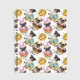 Тетрадь с принтом Мопсы с пончиками в Архангельске, 100% бумага | 48 листов, плотность листов — 60 г/м2, плотность картонной обложки — 250 г/м2. Листы скреплены сбоку удобной пружинной спиралью. Уголки страниц и обложки скругленные. Цвет линий — светло-серый
 | акварель | брызги | еда | заячьи | искусство | капли | карнавал | кляксы | мопсы | очки | пончики | порода | розовые | сладость | собаки | узор | уши