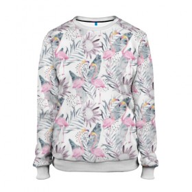 Женский свитшот 3D с принтом Фламинго в Архангельске, 100% полиэстер с мягким внутренним слоем | круглый вырез горловины, мягкая резинка на манжетах и поясе, свободная посадка по фигуре | abstraction | beak | bird | fauna | feathers | flamingo | flora | flower | happiness | jungle | leaves | nature | pink | tropical | tropics | white | yellow | абстракция | белый | джунгли | желтый | клюв | листья | перья | природа | птица | розовый | счас