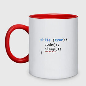 Кружка двухцветная Code - sleep: в Архангельске, керамика | объем — 330 мл, диаметр — 80 мм. Цветная ручка и кайма сверху, в некоторых цветах — вся внутренняя часть | Тематика изображения на принте: c | c++ | code | coder | computer | hacker | java | programm | tag | жизнь | код | кодер | программа | программист | сон | хакер | хочу спать
