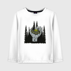 Детский лонгслив хлопок с принтом Гость из космоса в Архангельске, 100% хлопок | круглый вырез горловины, полуприлегающий силуэт, длина до линии бедер | Тематика изображения на принте: alien | aliens | grey | hand | invader | invading | invasion | pines | space | ufo | авария | вторжение | елка | елки | ель | инопланетянин | корабль | космический | космос | крушение | лес | летающая тарелка | нло | приземлился