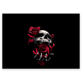 Поздравительная открытка с принтом ЧЕРЕП И РОЗЫ в Архангельске, 100% бумага | плотность бумаги 280 г/м2, матовая, на обратной стороне линовка и место для марки
 | death | flowers | horror | metal | rose | roses | skull | арт | зомби | кости | розы | скелет | цветы | череп | черный