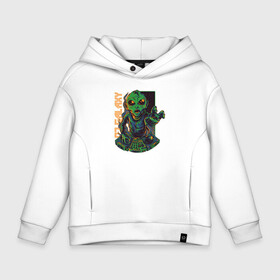 Детское худи Oversize хлопок с принтом Инопланетянин DJ в Архангельске, френч-терри — 70% хлопок, 30% полиэстер. Мягкий теплый начес внутри —100% хлопок | боковые карманы, эластичные манжеты и нижняя кромка, капюшон на магнитной кнопке | Тематика изображения на принте: диджей | звёзды | инопланетянин | пламя | пришелец | уличный стиль